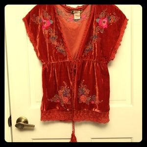 Flying Tomato orange velvet shirt with embroidery